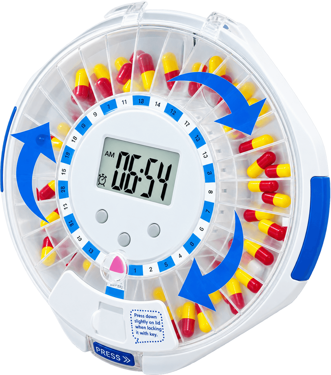 The Keeper, a round Healthsoft automatic pill dispenser with a 28-slot tray